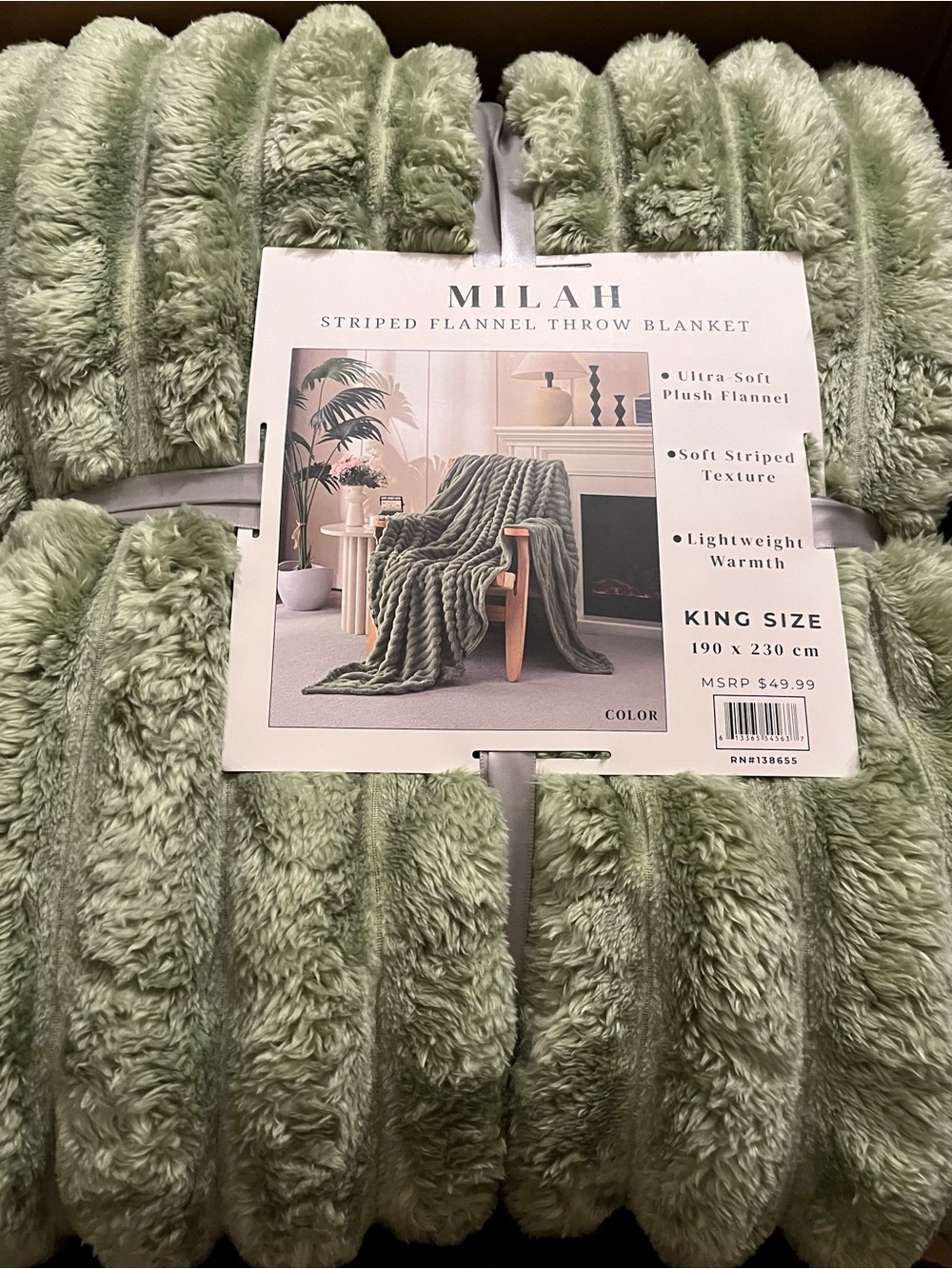 Plush Striped Flannel Throw Blanket - Sage Green (King)